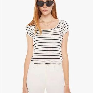 MOTHER Striped Scoop Neck Short Sleeve Top - White & Black Size XS